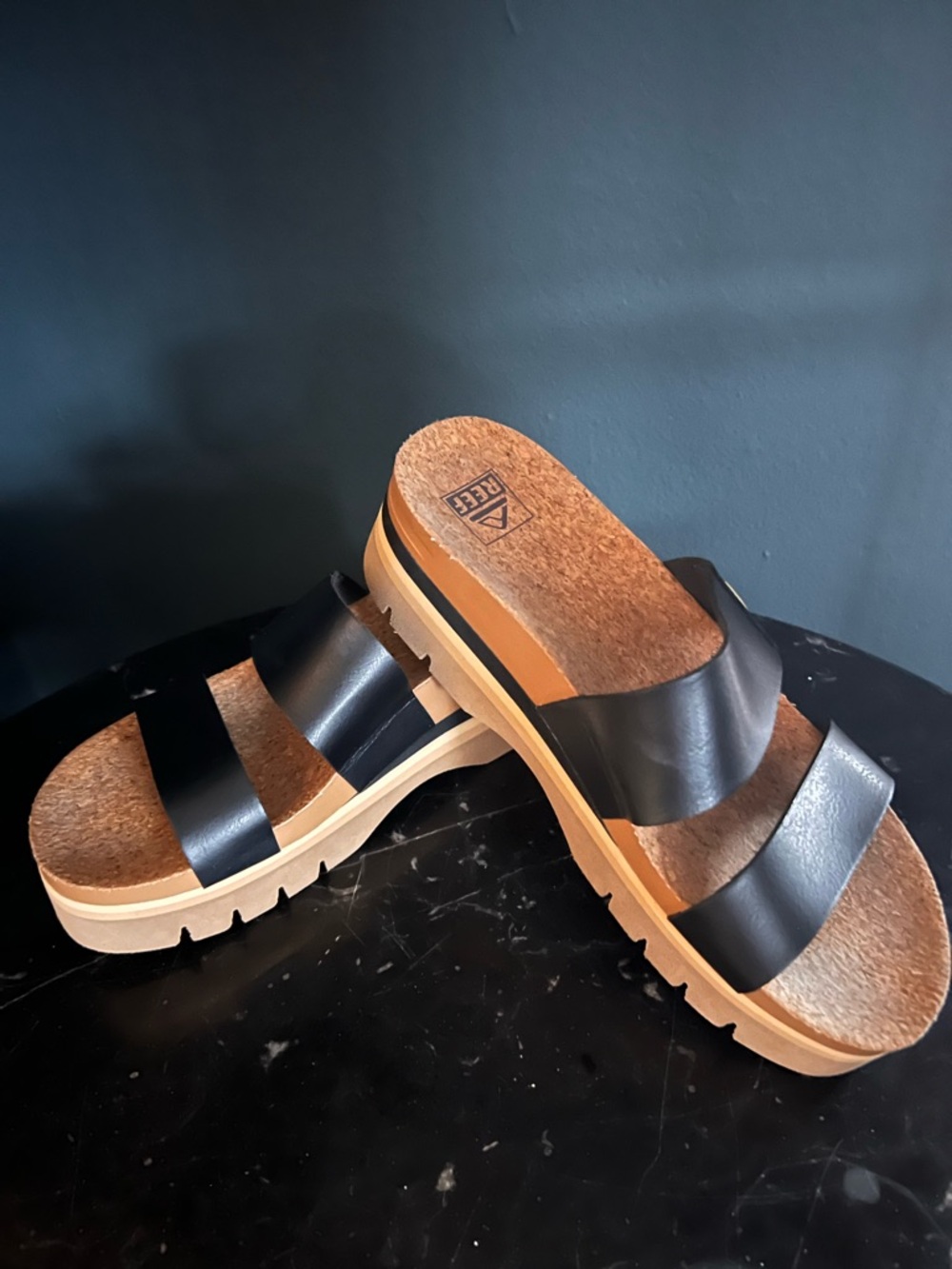Reef Black Double-Strap Platform Sandals with Tan Sole - Picture 2 of 14